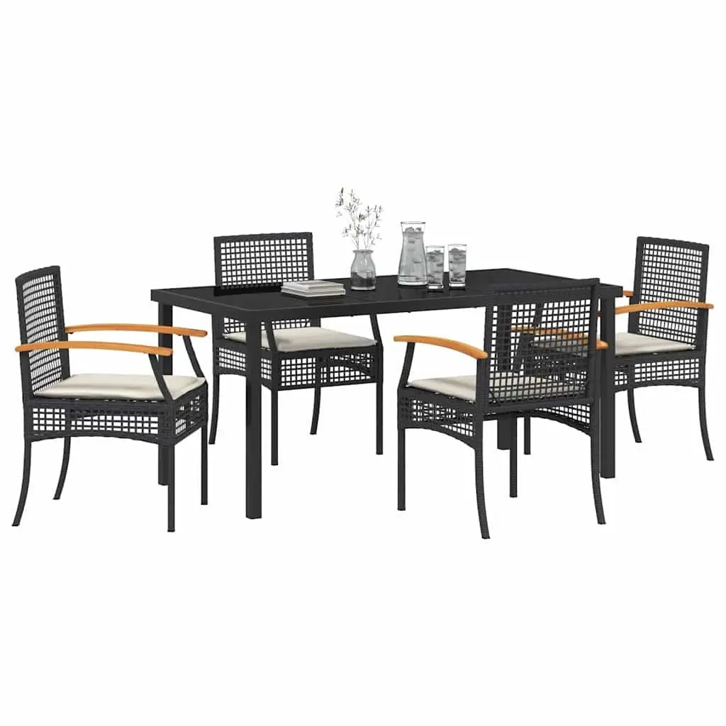 Garden Dining Set Glass Top Table Black Rattan Chairs 5 Piece