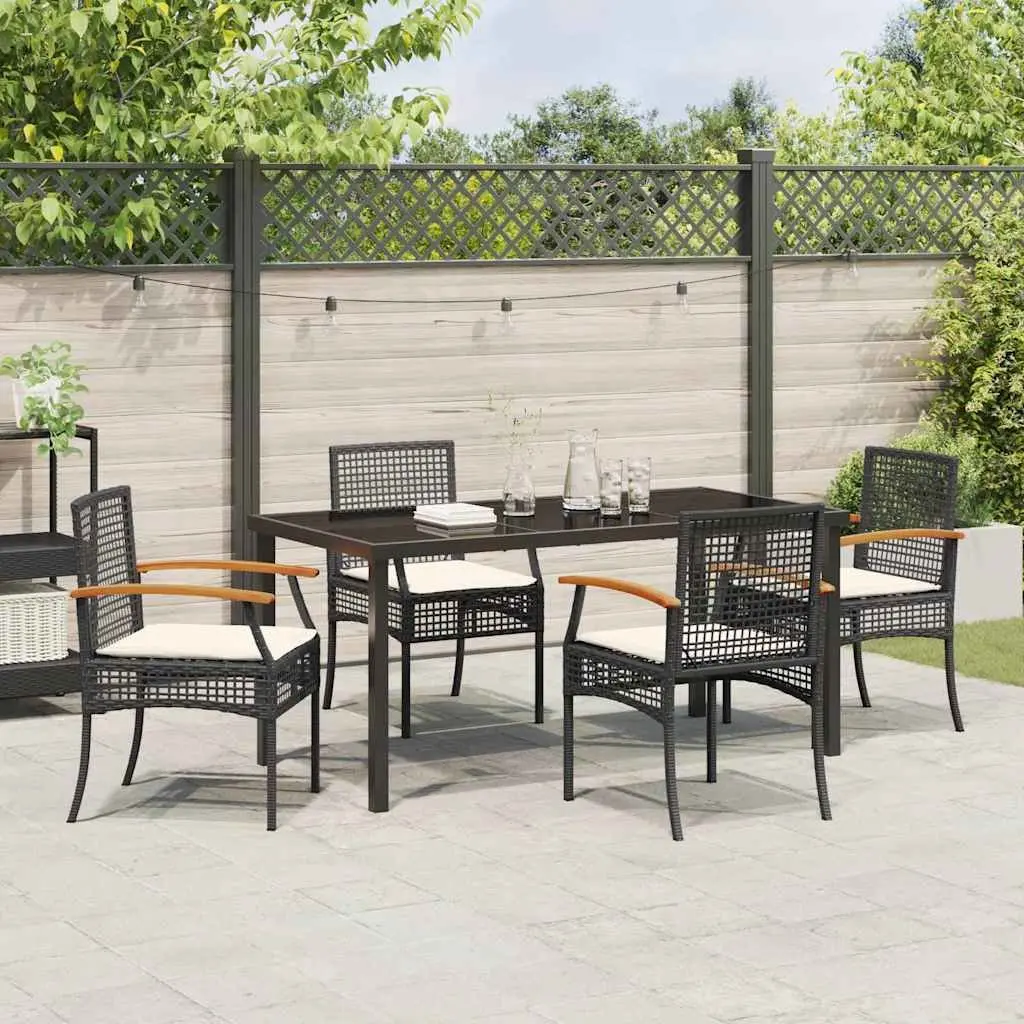 Garden Dining Set Glass Top Table Black Rattan Chairs 5 Piece