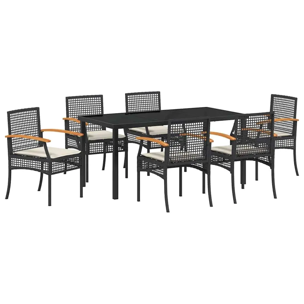 Outdoor Dining Set 7 Pieces Black Rattan Garden Furniture with Glass Table