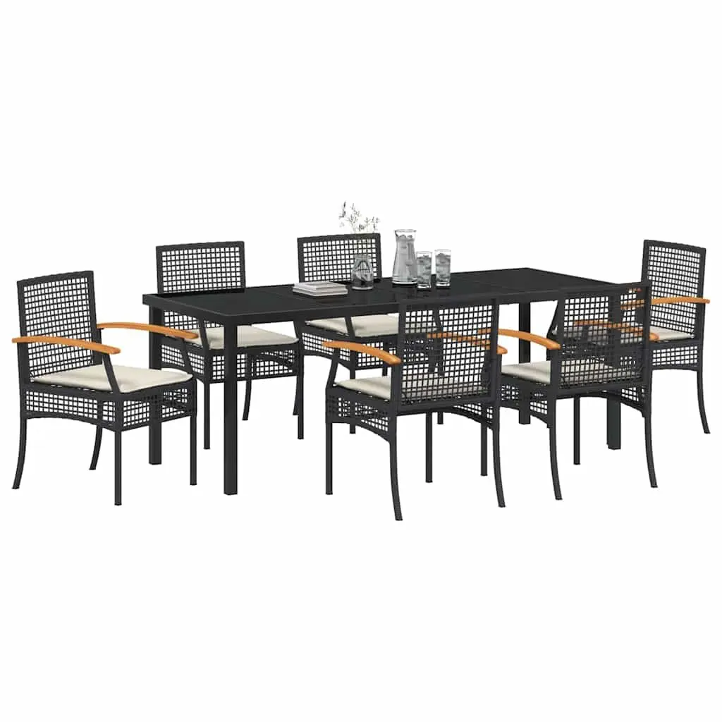 Garden Dining Set 7 Piece Outdoor Table Chairs Black Rattan Acacia Wood