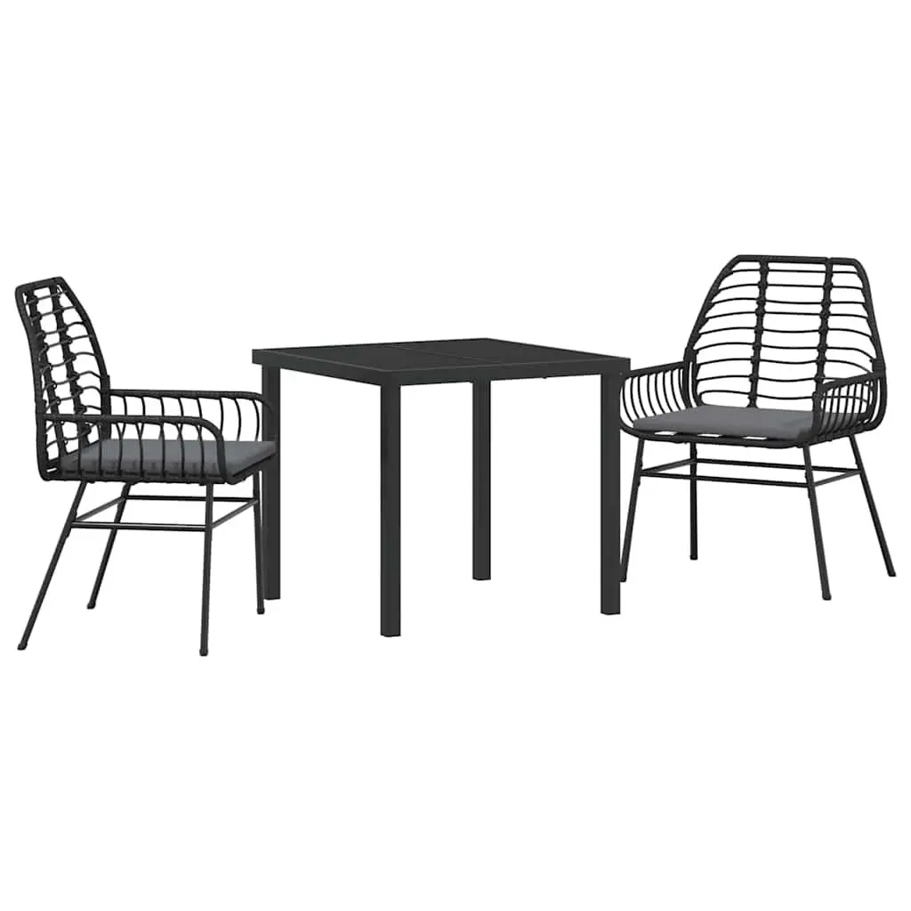 Outdoor Garden Dining Set 3 Piece Black Poly Rattan Patio Furniture Glass Table