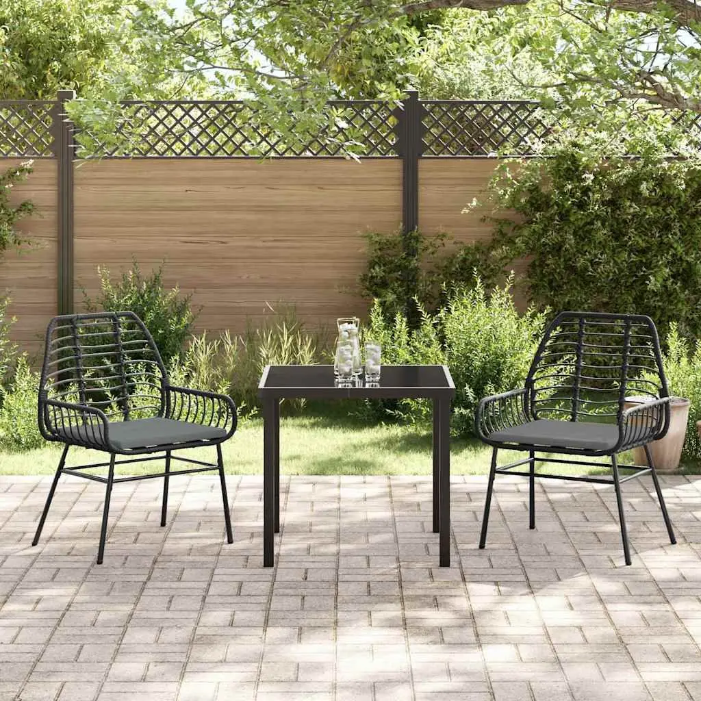 Outdoor Garden Dining Set 3 Piece Black Poly Rattan Patio Furniture Glass Table