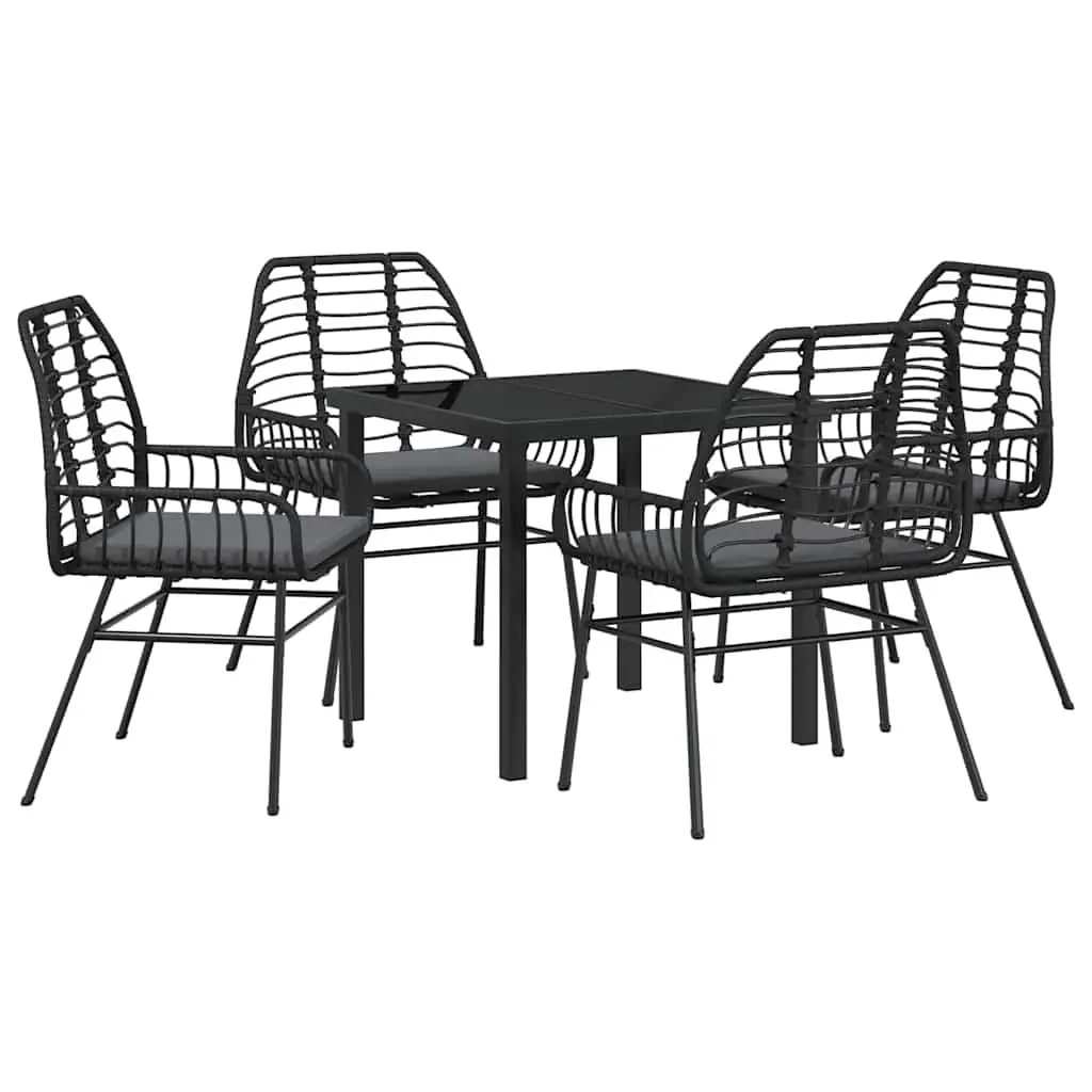 5 Piece Black Poly Rattan Outdoor Dining Set with Glass Table Top for Gardens Patios and Outdoor Spaces