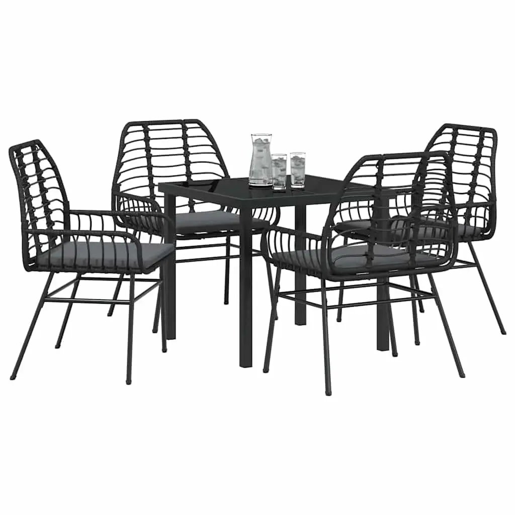 5 Piece Black Poly Rattan Outdoor Dining Set with Glass Table Top for Gardens Patios and Outdoor Spaces
