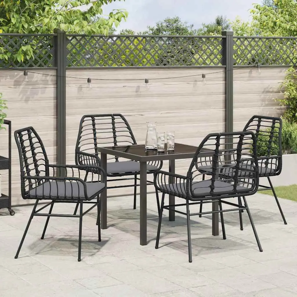 5 Piece Black Poly Rattan Outdoor Dining Set with Glass Table Top for Gardens Patios and Outdoor Spaces