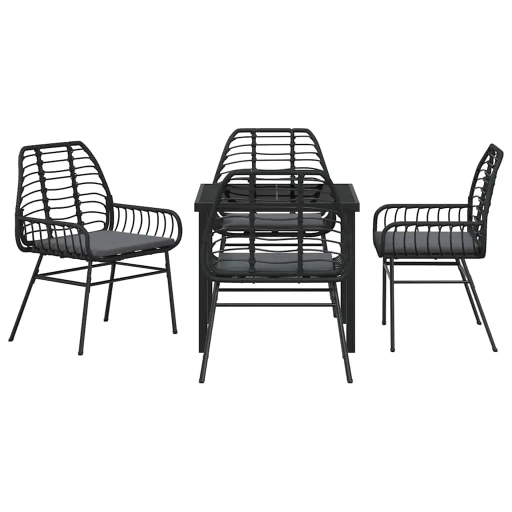 5 Piece Black Poly Rattan Outdoor Dining Set with Glass Table Top for Gardens Patios and Outdoor Spaces