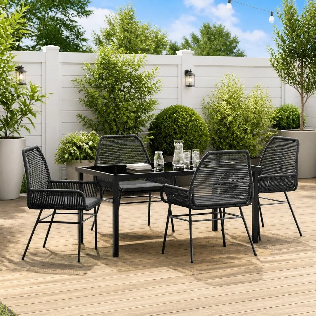 Outdoor Garden Dining Set 5-Piece Black Poly Rattan Table Chair with Cushions