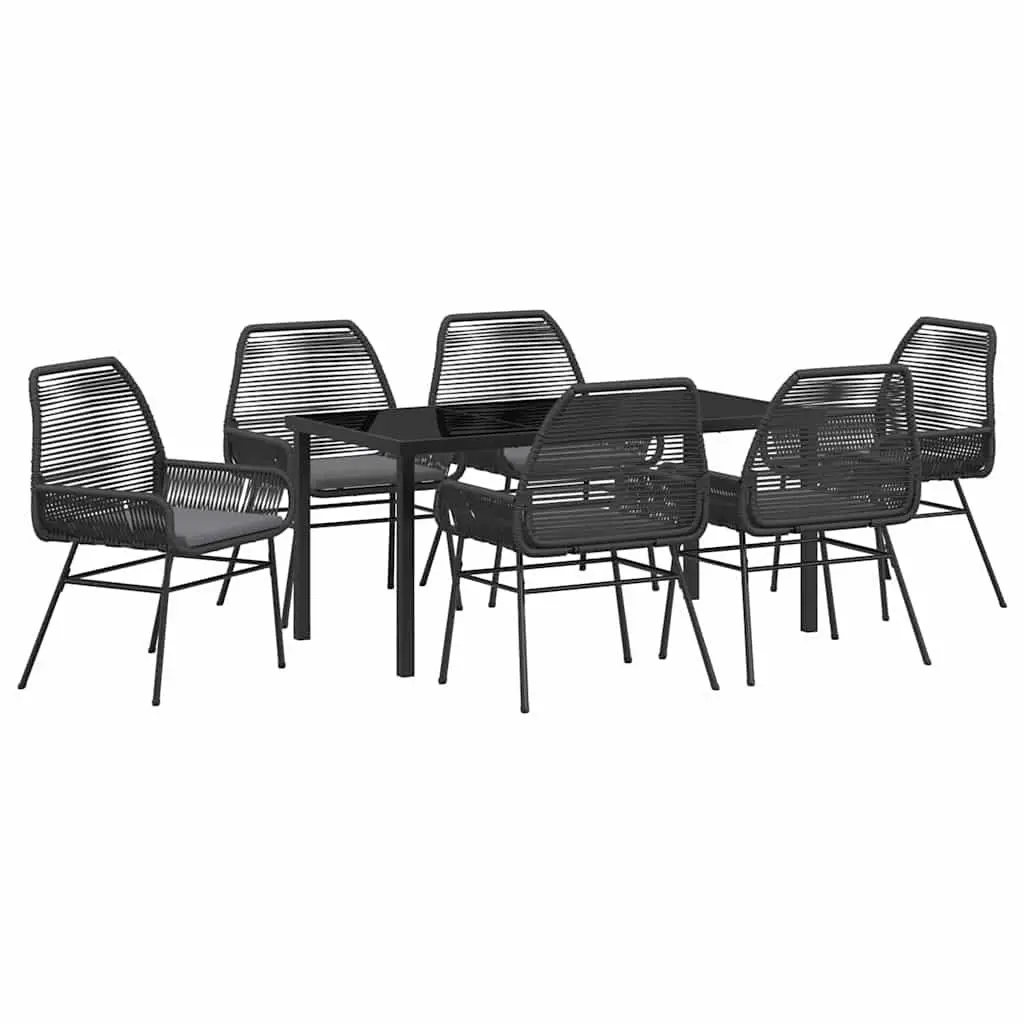Garden Dining Set 7 Piece Outdoor Furniture Black Poly Rattan Tempered Glass