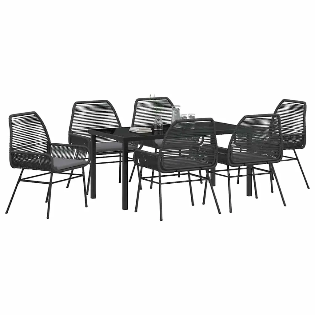 Garden Dining Set 7 Piece Outdoor Furniture Black Poly Rattan Tempered Glass
