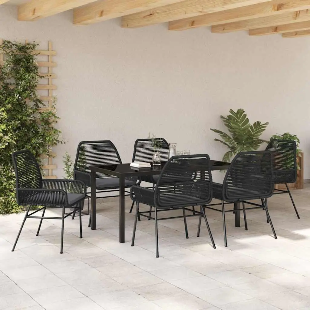 Garden Dining Set 7 Piece Outdoor Furniture Black Poly Rattan Tempered Glass