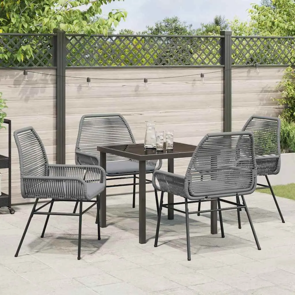 Outdoor Furniture Set Grey Poly Rattan 5 Piece Dining with Cushions and Black Glass Table