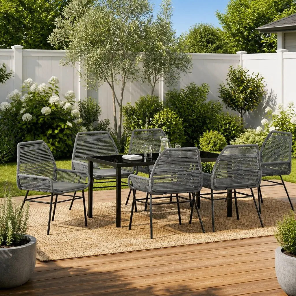 Garden Dining Set Grey Poly Rattan 7 Piece Outdoor Furniture Table Chairs