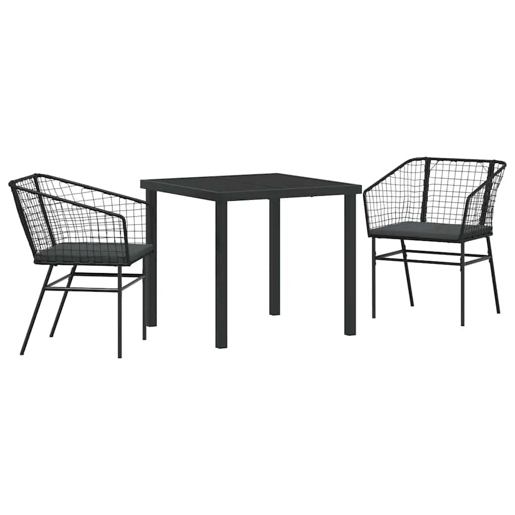 Outdoor Dining Set 3 Piece Black Poly Rattan Garden Furniture with Glass Table