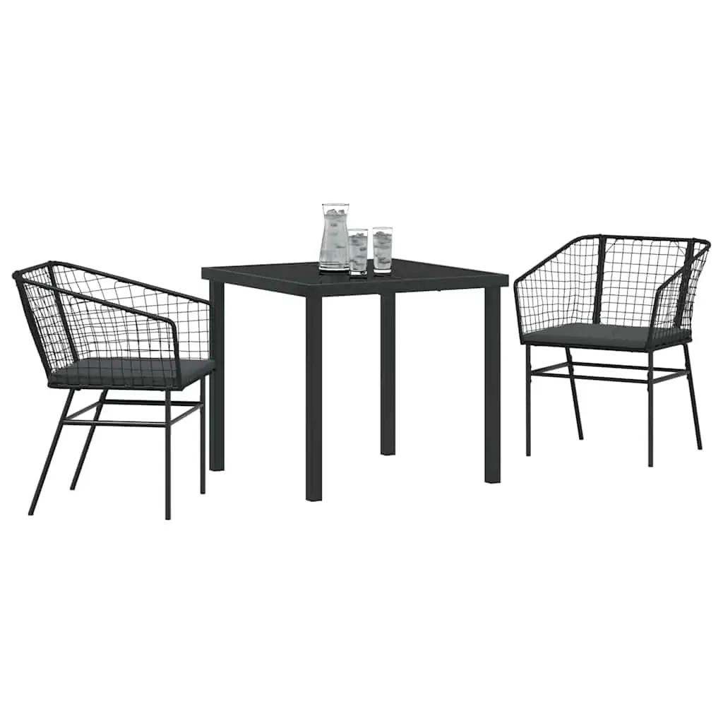 Outdoor Dining Set 3 Piece Black Poly Rattan Garden Furniture with Glass Table