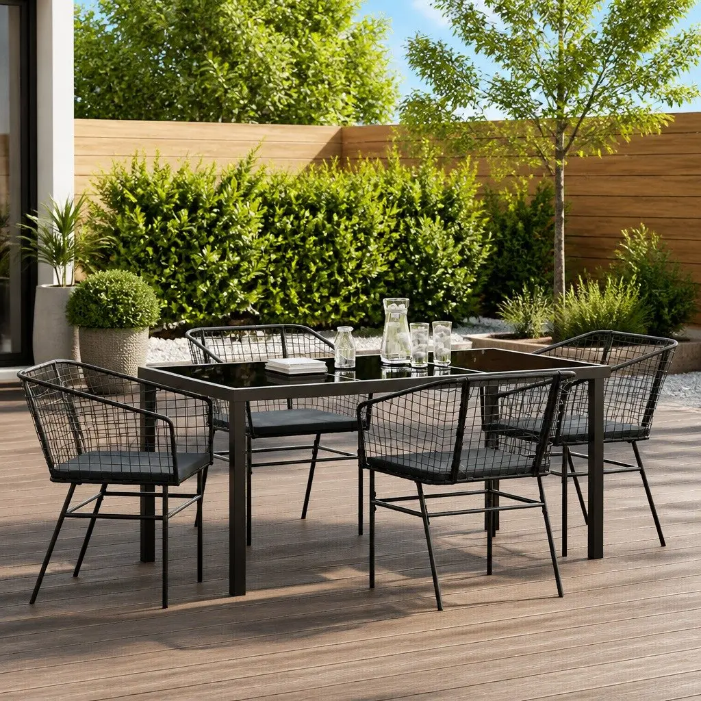 Outdoor Dining Set 5 Piece Black Poly Rattan Glass Tabletop
