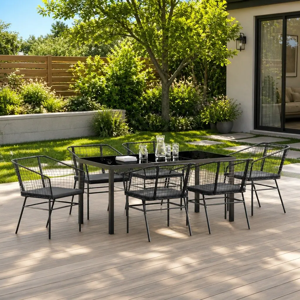 Outdoor Dining Set Glass Table Black Poly Rattan 7 Pieces