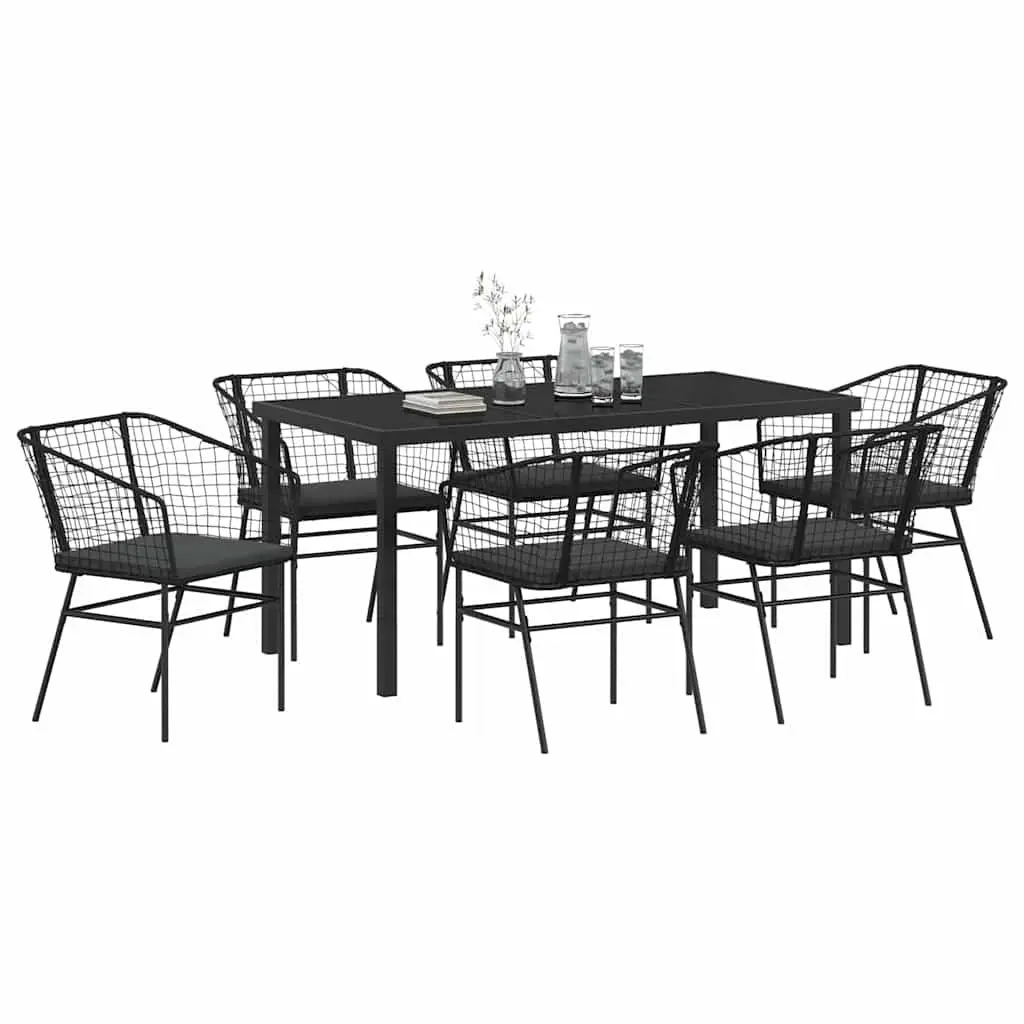 Outdoor Dining Set Glass Table Black Poly Rattan 7 Pieces