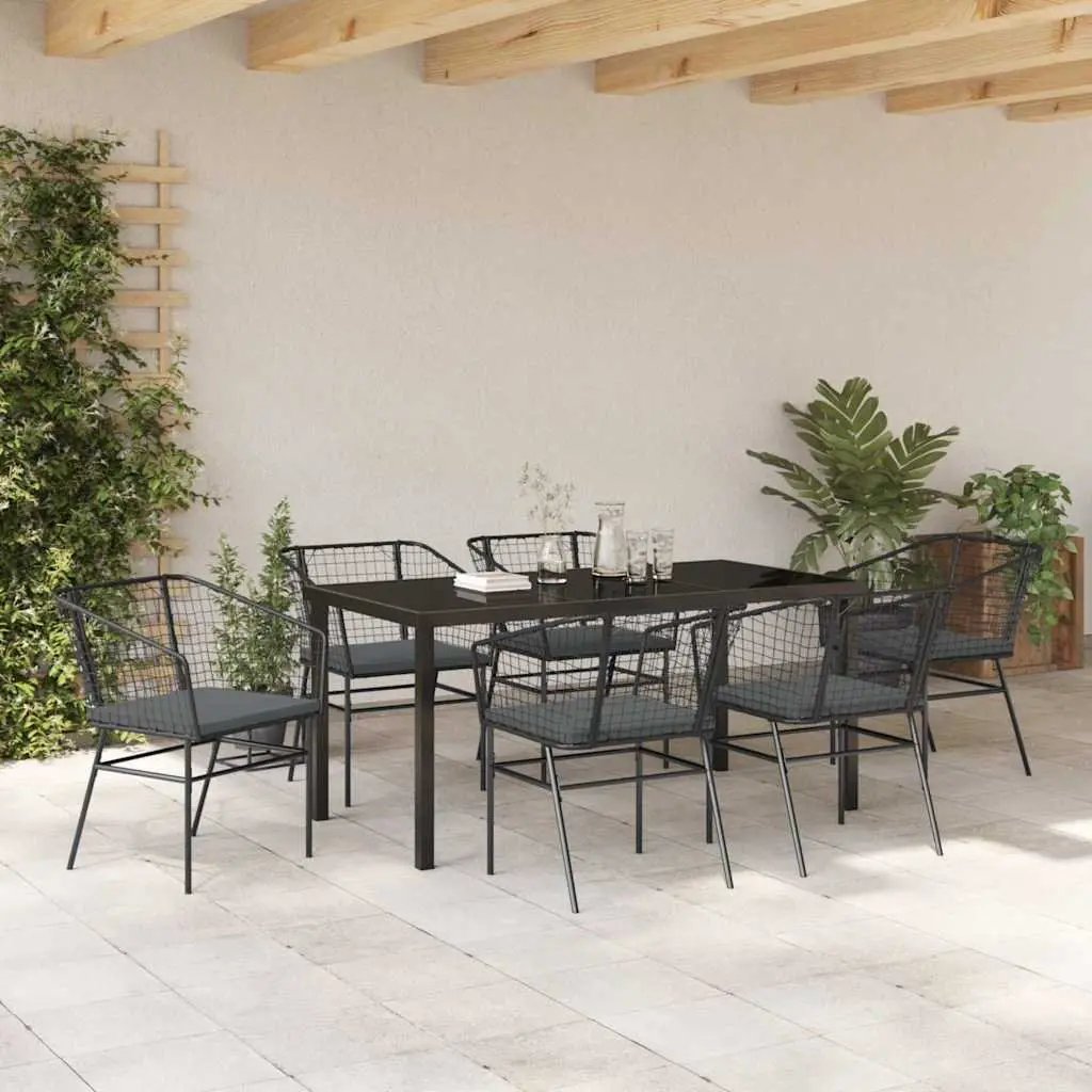 Outdoor Dining Set Glass Table Black Poly Rattan 7 Pieces