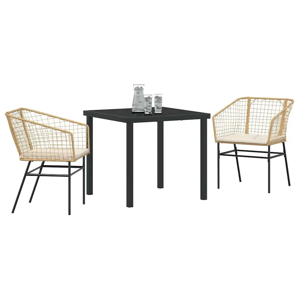 Garden Dining Set Brown Poly Rattan 3 Pieces Outdoor Furniture Glass Tabletop