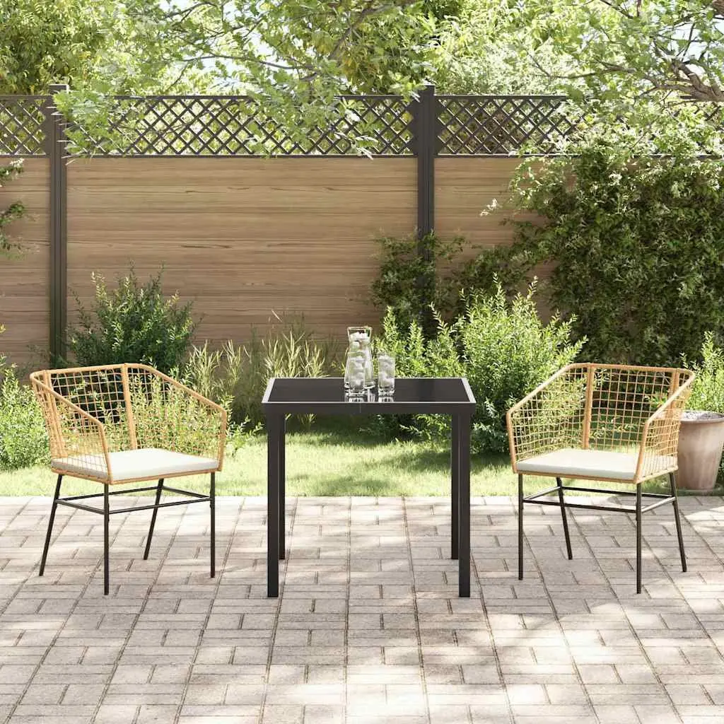 Garden Dining Set Brown Poly Rattan 3 Pieces Outdoor Furniture Glass Tabletop