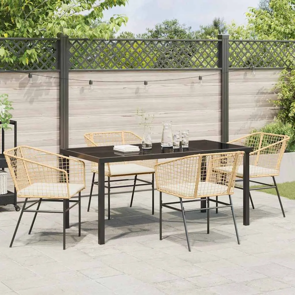5 Piece Garden Dining Set Poly Rattan Outdoor Furniture Brown Glass Top