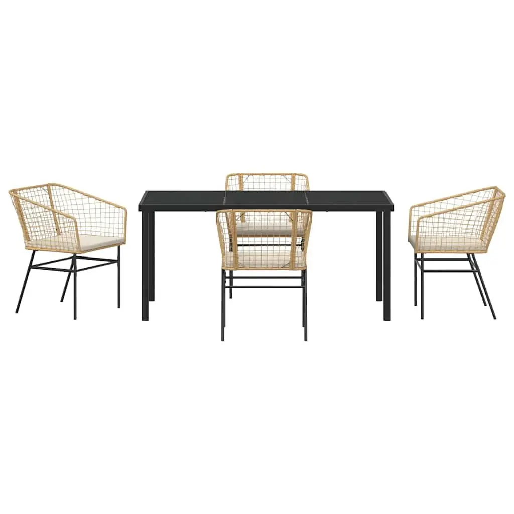 5 Piece Garden Dining Set Poly Rattan Outdoor Furniture Brown Glass Top