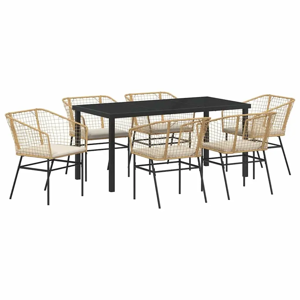 Outdoor Dining Set Brown 7 Pieces Poly Rattan Table Chairs Glass Top