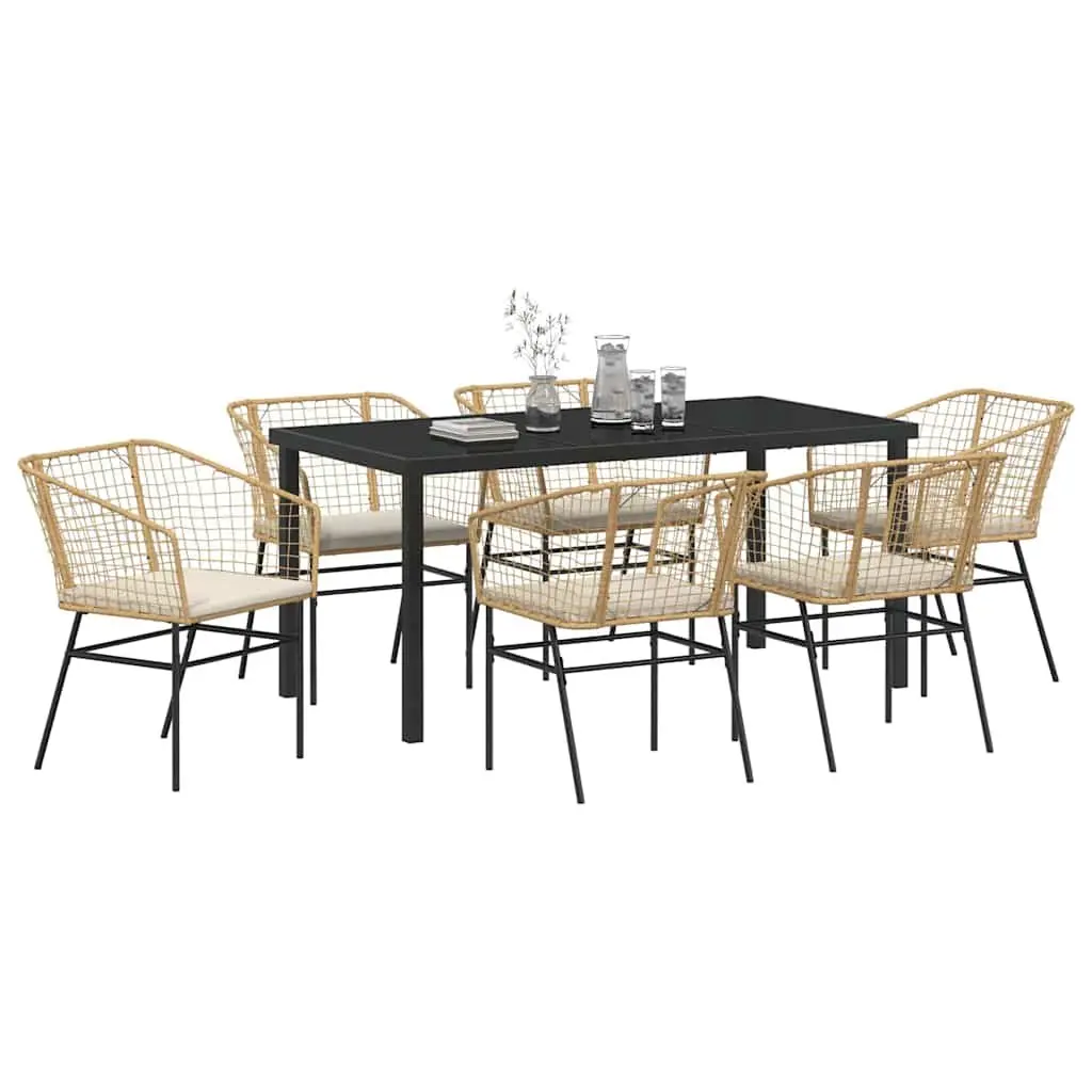 Outdoor Dining Set Brown 7 Pieces Poly Rattan Table Chairs Glass Top