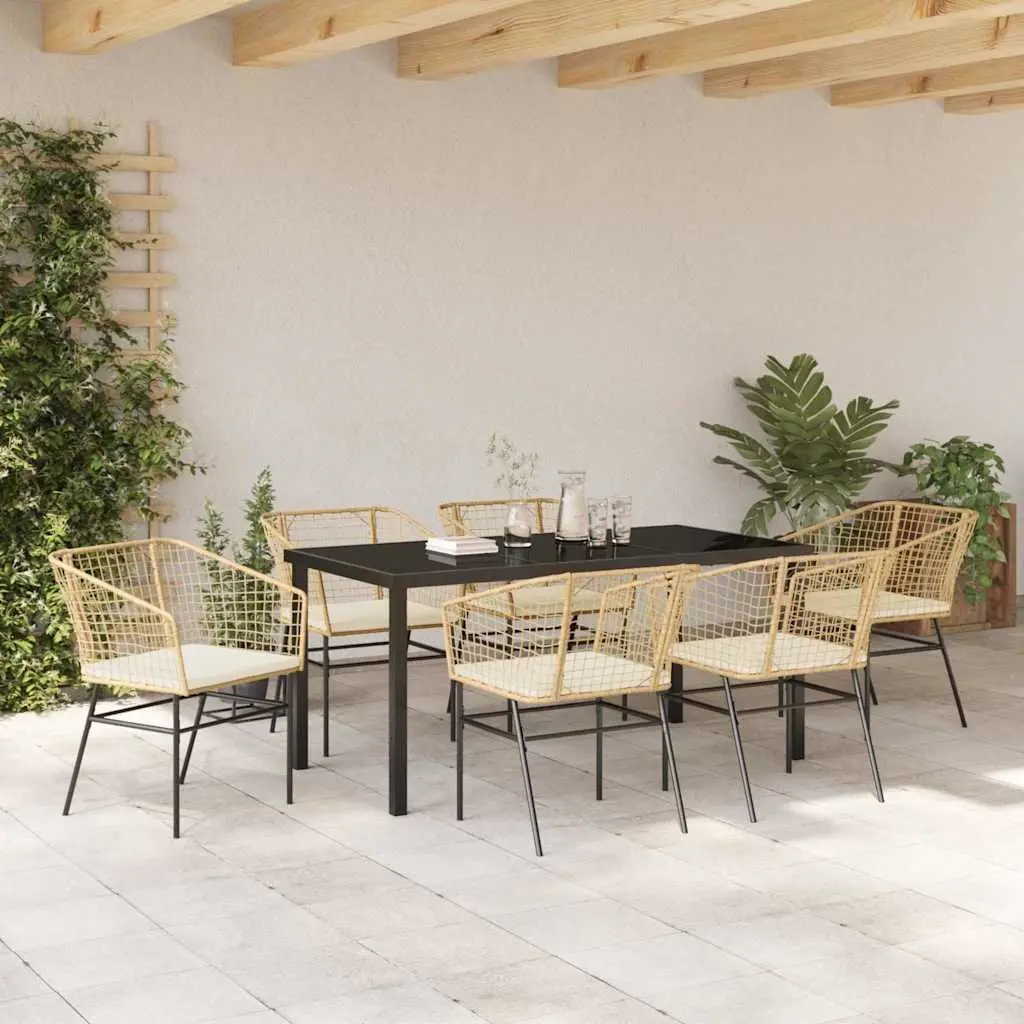 Outdoor Dining Set Brown 7 Pieces Poly Rattan Table Chairs Glass Top