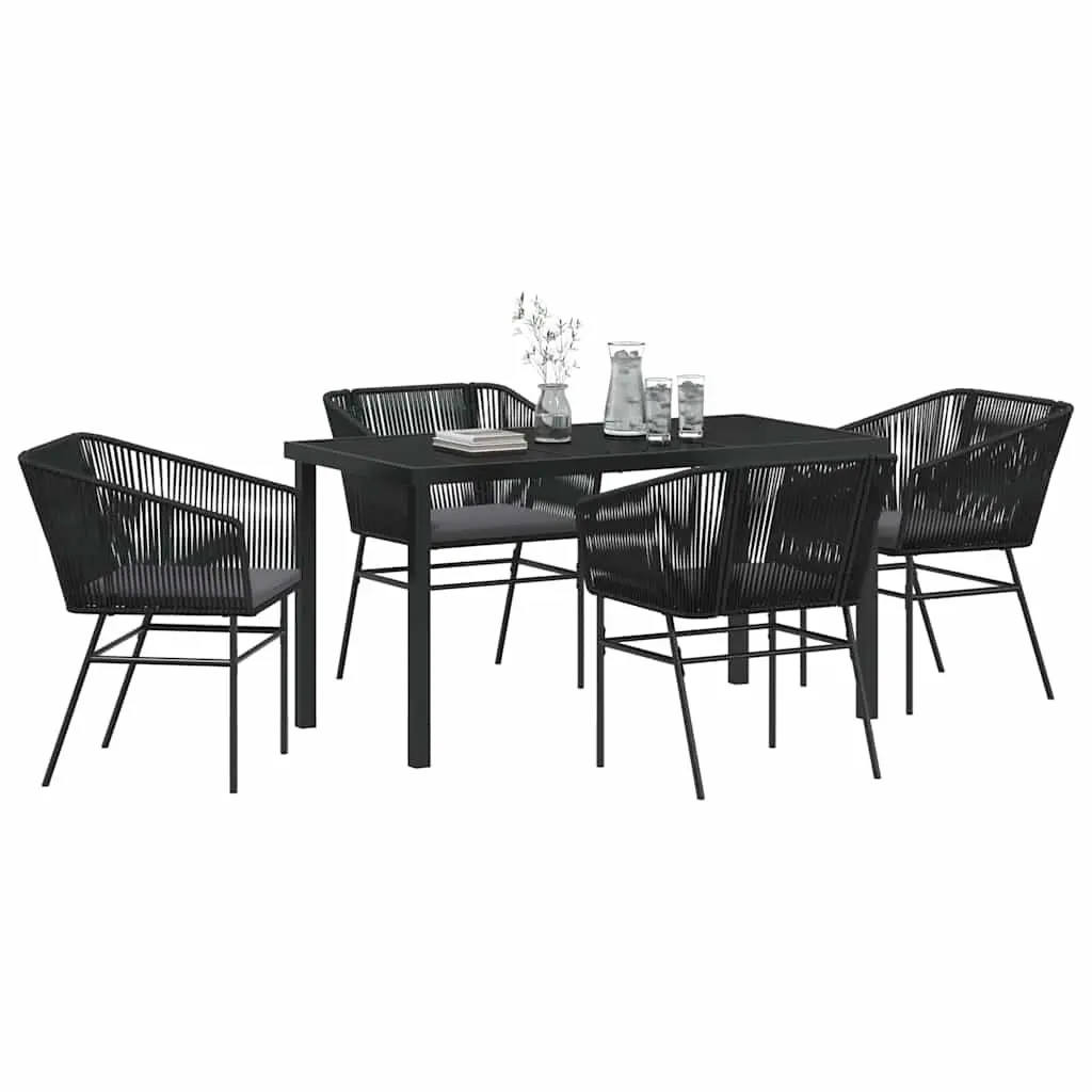 Garden Dining Set Modern Rectangular 5 Piece Black Steel Frame Tempered Glass