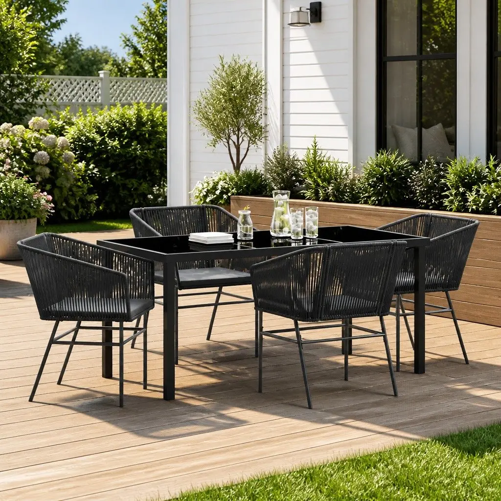 Garden Dining Set Modern 5 Piece Rectangular Black Steel Frame with Weatherproof Cushions