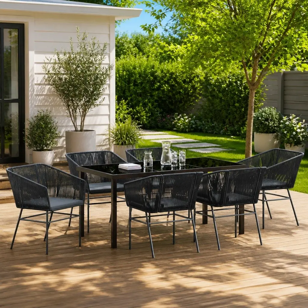 Garden Dining Set Modern 7 Piece Black Steel Rectangular Outdoor Furniture