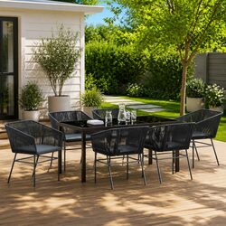 Garden Dining Set 7 Pieces Black Steel Outdoor Furniture Patio Dining Chairs