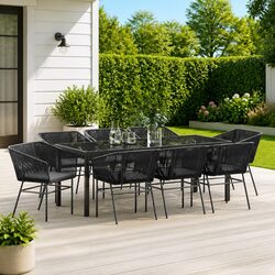 Garden Dining Set 9pcs Outdoor Furniture Black Steel Tempered Glass Table