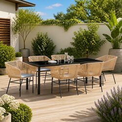 Garden Dining Set 7 Piece Outdoor Furniture Brown Steel Glass Top Table Chairs