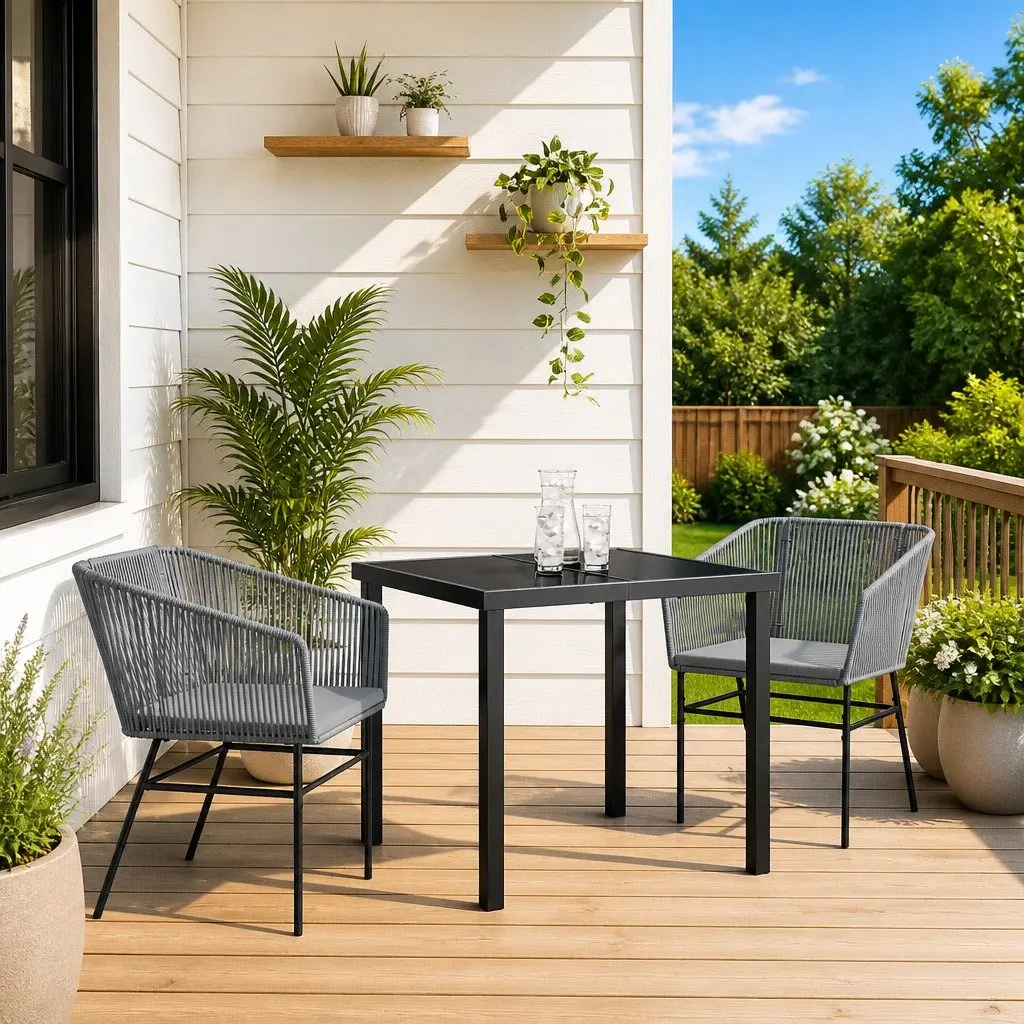Garden Dining Set 3 Pieces Outdoor Furniture Grey Powder-Coated Steel Cushion