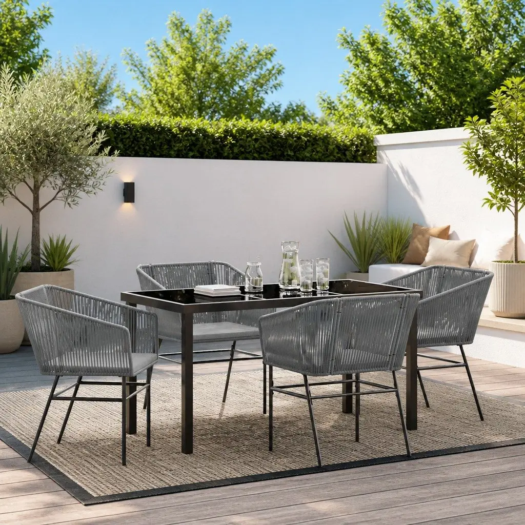 Garden Dining Set Modern 5 Piece Outdoor Furniture Rectangular Table with Tempered Glass Top and Cushioned Chairs Grey Steel