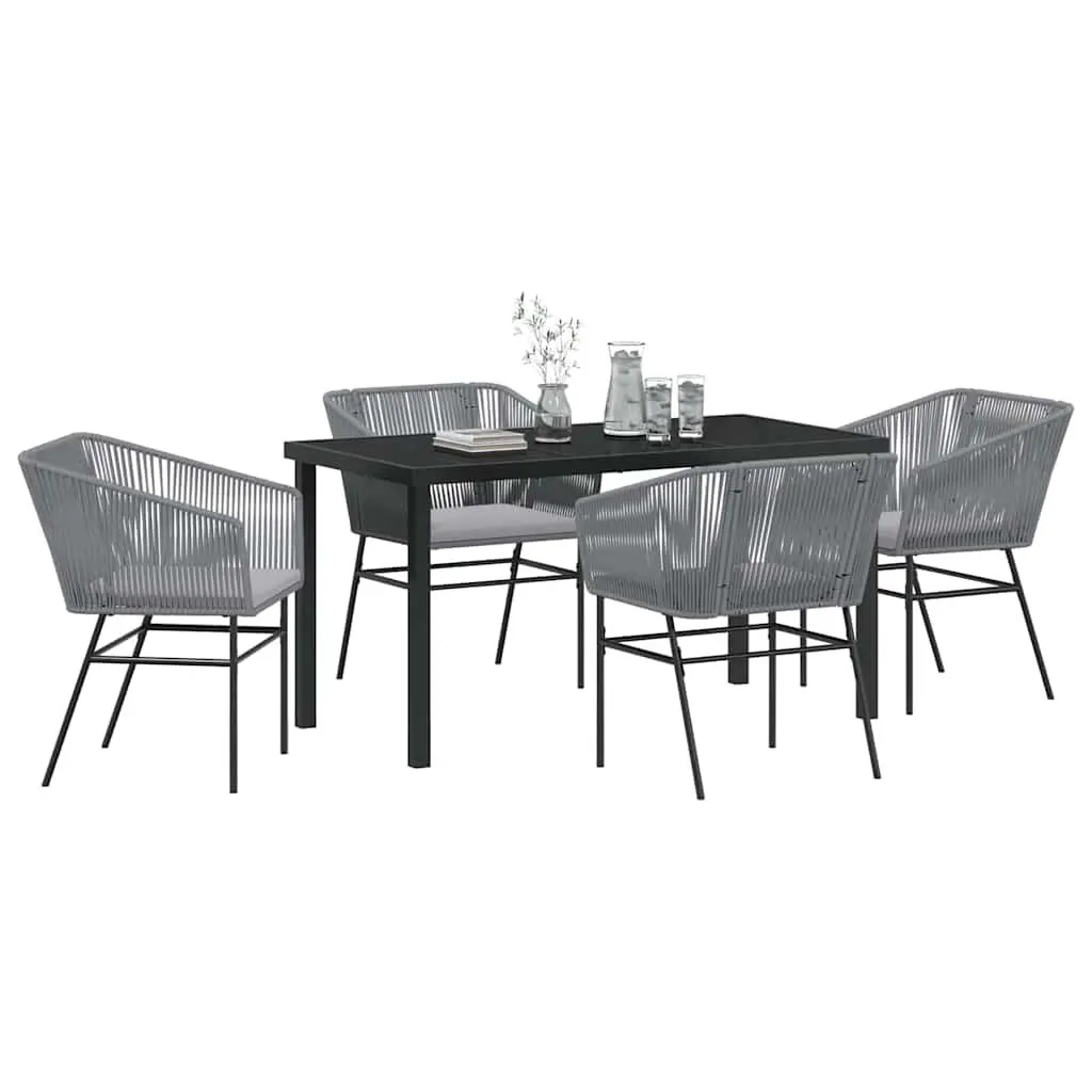 Garden Dining Set Modern 5 Piece Outdoor Furniture Rectangular Table with Tempered Glass Top and Cushioned Chairs Grey Steel