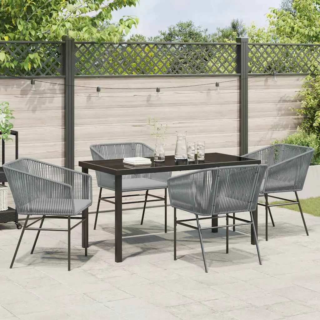 Garden Dining Set Modern 5 Piece Outdoor Furniture Rectangular Table with Tempered Glass Top and Cushioned Chairs Grey Steel