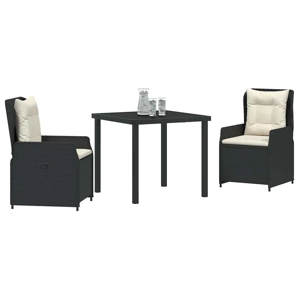 Garden Dining Set Black Poly Rattan 3 Piece Adjustable Backrest