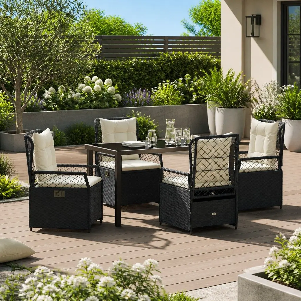 Garden Dining Set 5 Piece Modern Outdoor Furniture Black Poly Rattan Table with Tempered Glass Top and Foam Cushioned Chairs