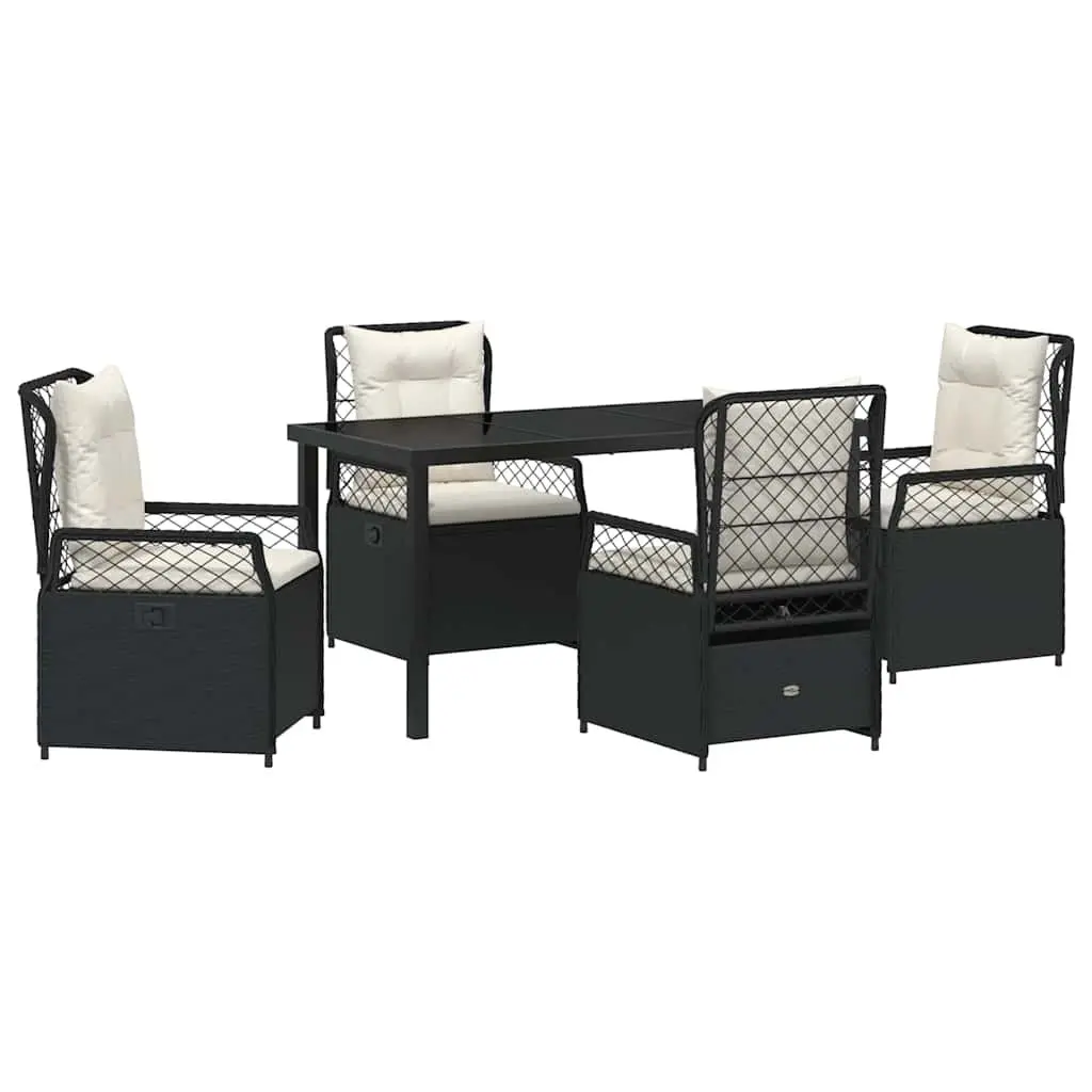 Garden Dining Set 5 Piece Modern Outdoor Furniture Black Poly Rattan Table with Tempered Glass Top and Foam Cushioned Chairs