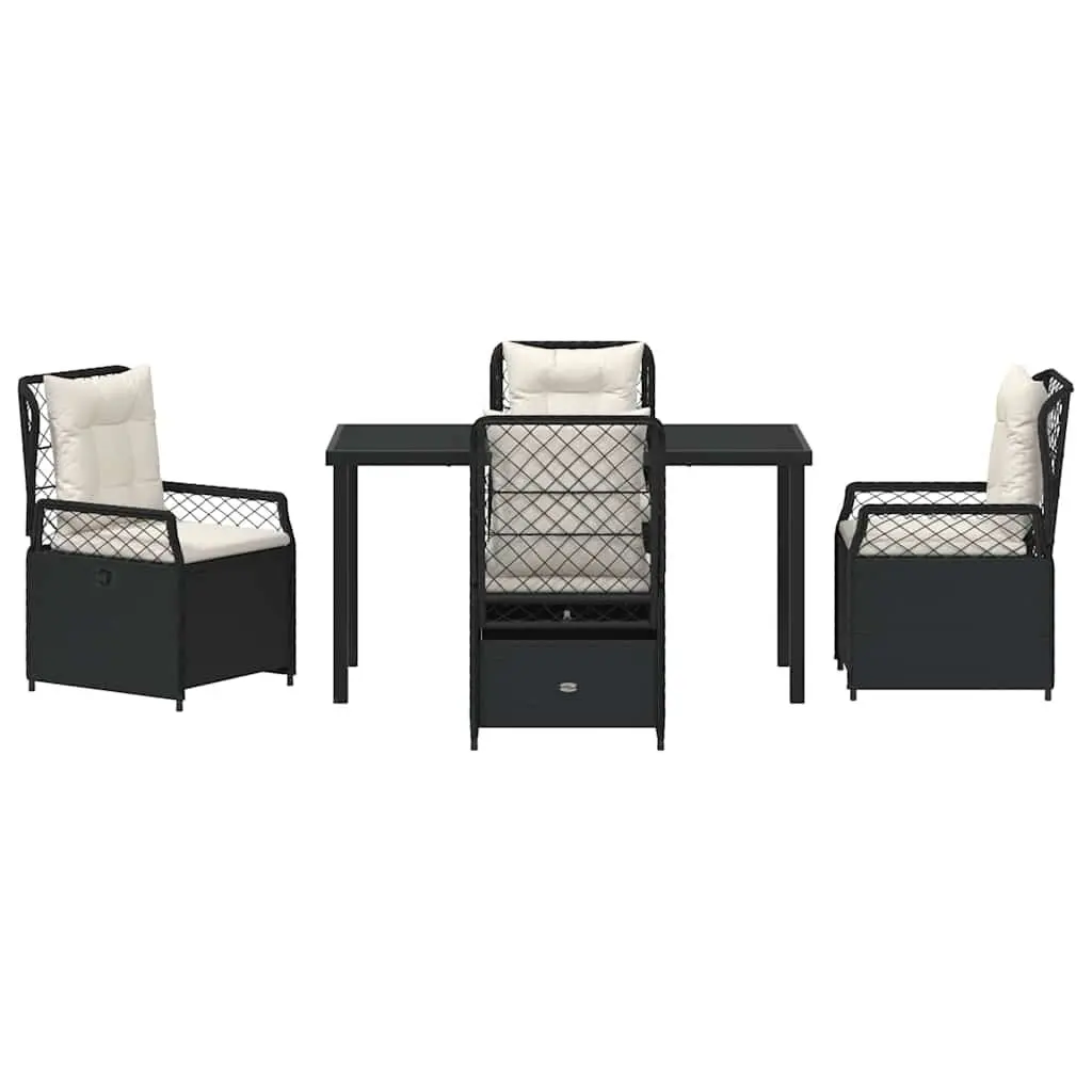 Garden Dining Set 5 Piece Modern Outdoor Furniture Black Poly Rattan Table with Tempered Glass Top and Foam Cushioned Chairs