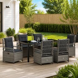 Garden Dining Set 7 Piece Outdoor Furniture Grey Poly Rattan Table Chairs