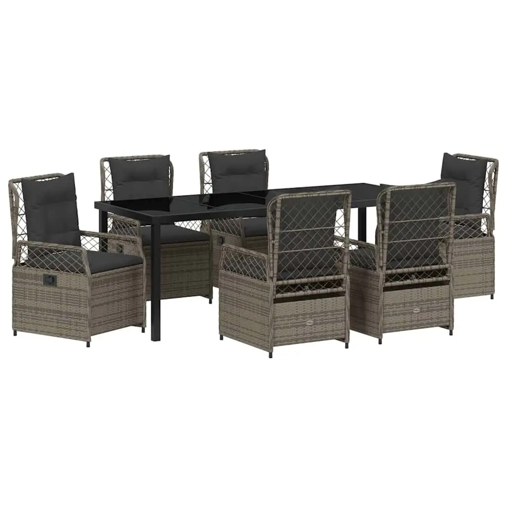 Garden Dining Set Grey Poly Rattan 7 Piece Outdoor Furniture with Tempered Glass Table and Adjustable Backrests