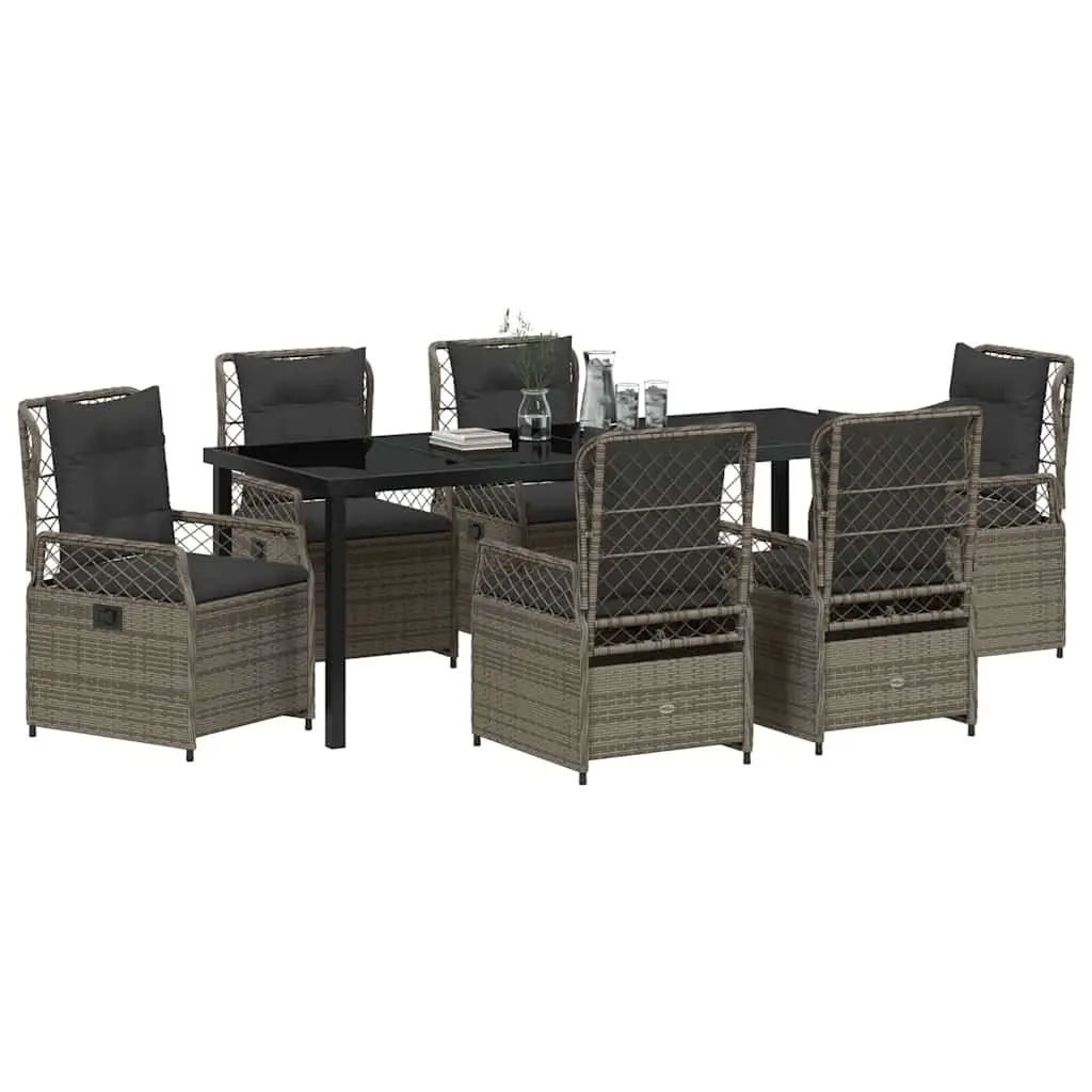 Garden Dining Set Grey Poly Rattan 7 Piece Outdoor Furniture with Tempered Glass Table and Adjustable Backrests