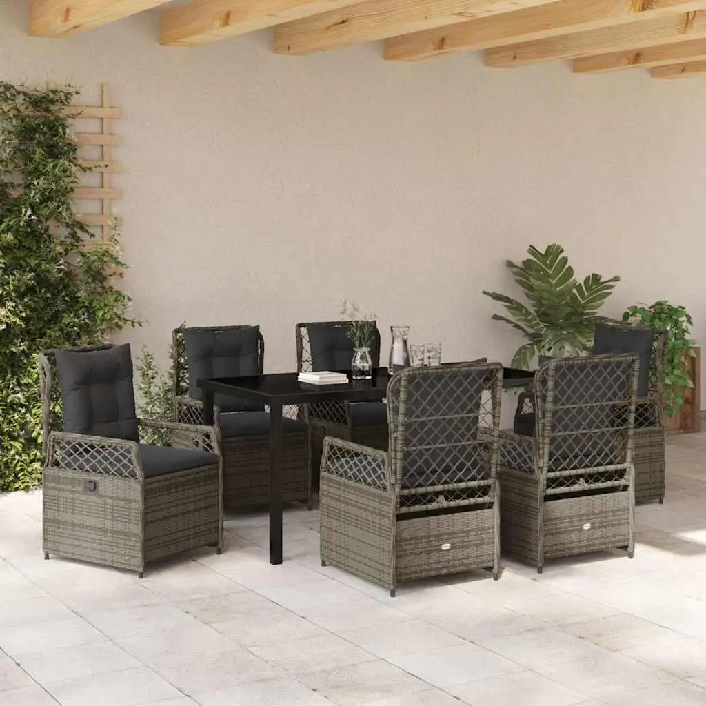Garden Dining Set Grey Poly Rattan 7 Piece Outdoor Furniture with Tempered Glass Table and Adjustable Backrests
