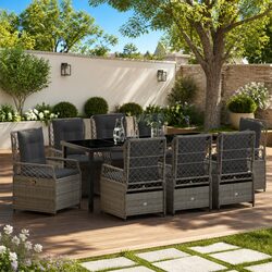 Garden Dining Set 9 Pieces Grey Poly Rattan Outdoor Furniture Table Chairs