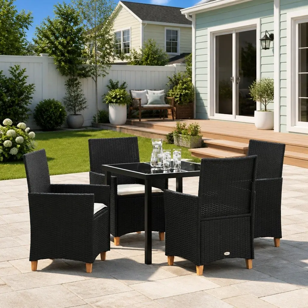 Garden Dining Set Black Poly Rattan 5 Piece Outdoor Furniture with Cushions