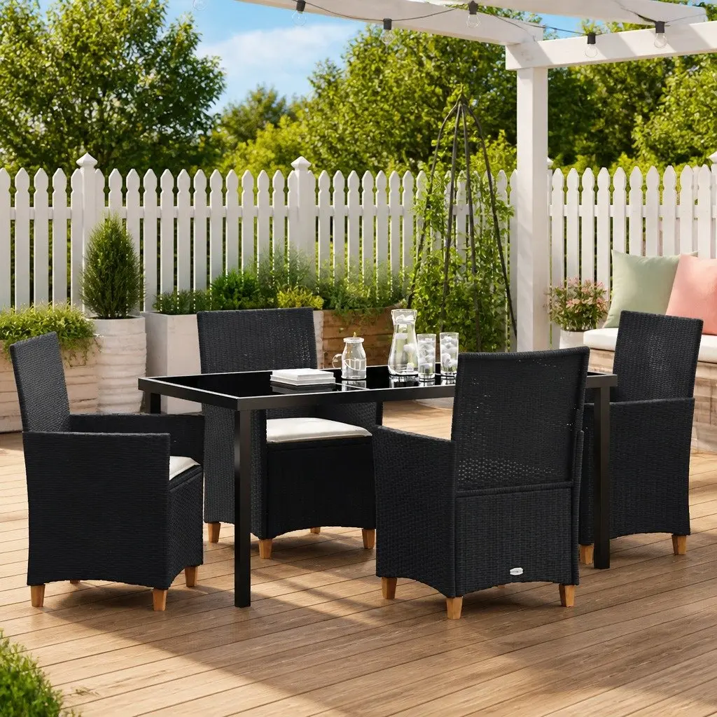 Garden Dining Set Modern 5 Piece Black Poly Rattan Outdoor Furniture with Glass Table